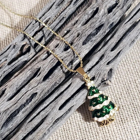 Christmas Tree Green White Gold Enamel Holiday Pendant Necklace - Picture 2 of 6